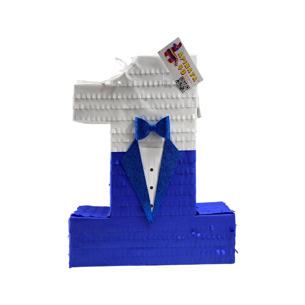 APINATA4U Number One Pinata, Suit and Bow Tie Themed First Birthday Pinata for Boys, Number 1 for Decoration, Handmade Blue and White, Baby Boy 1st Birthday Celebration & Gift