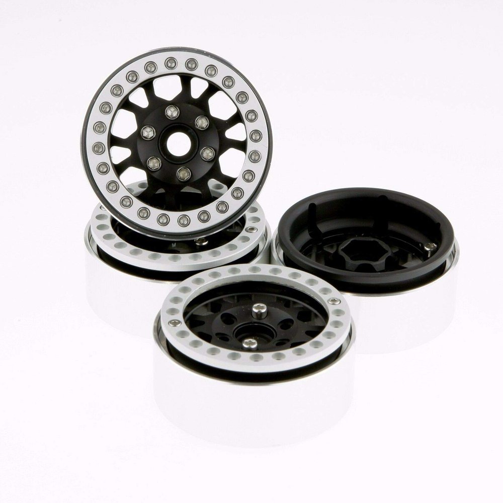 GDS Racing 1.9 Inch Alloy Beadlock Wheel Rim Thickness 1" Silver Ring & Black Spokes for RC Model #099 (4 Pack)