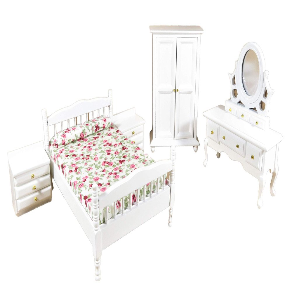 Melody Jane Dolls Houses Dollhouse White Double Bedroom Furniture Set with Spindle Frame 1:12 Scale