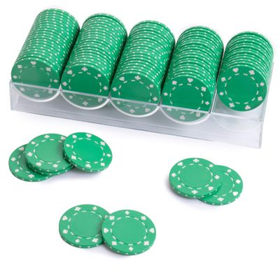 Brybelly Poker Chip Set with Acrylic Chip Tray, 100 Ct - 11.5g Lightweight, Blank Poker Chips with Card Suit Symbols and Poker Chip Holder - Rack Me Up Bundle, Green