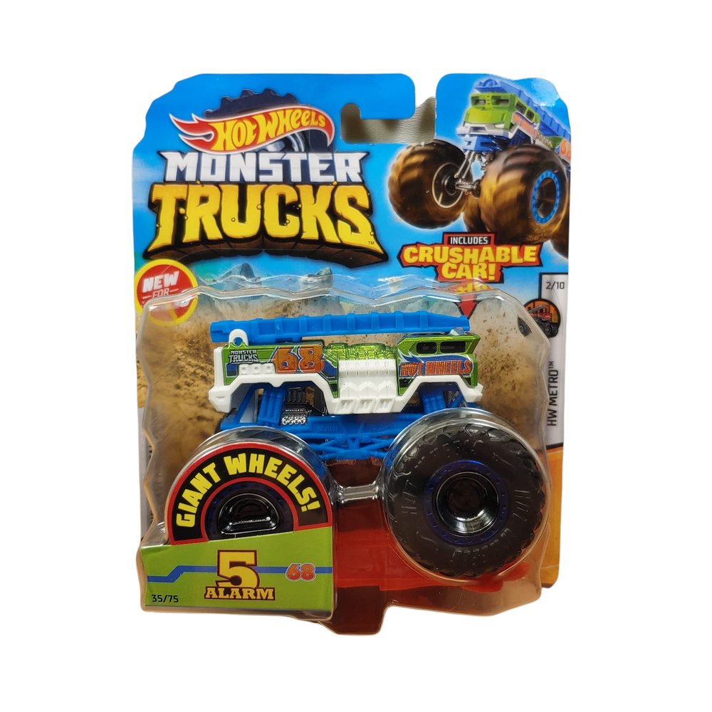Hot Wheels Monster Trucks 5 Alarm 35/75 Crushable Car, Green/Blue/White