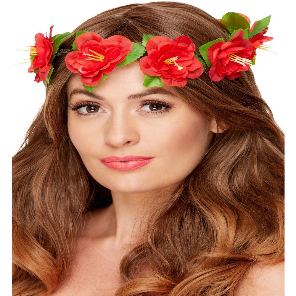 Smiffys Hawaiian Flower Crown, Red with Ribbon, Hawaiian Luau Fancy Dress, Hawaiian Dress Up Accessories