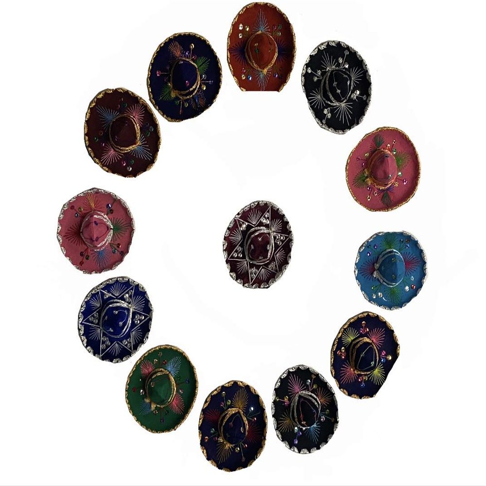 Set of 12 Mini Charro Hats, Party Decorations,6"Diameter, Mix Colors