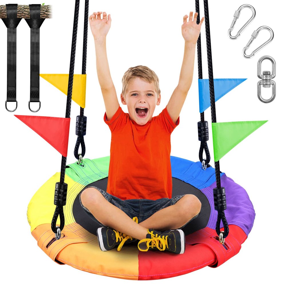 Odoland 24 inch Chidren Tree Swing Net Swing Outdoor Kid Platform Swing with Detachable 600LB Weight Load Oxford Fabric and Adjustable Hanging Ropes for Tree, Backyard and Indoor Color