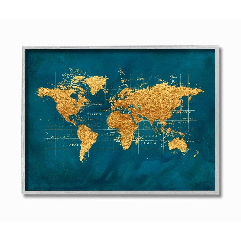Stupell Industries World Map Gold Blue Texture Watercolor Chart Design
