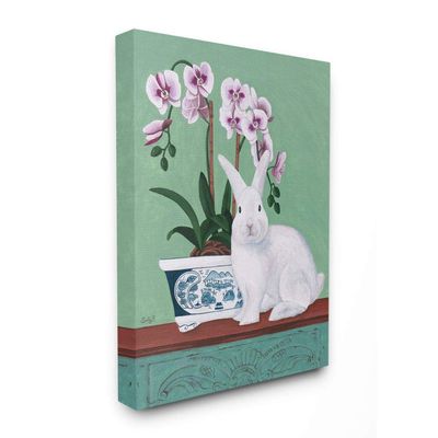 Stupell Industries Rabbit and Flowers Pink Green Animal Painting, Design by Sally B Wall Art, 24 x 30, Canvas