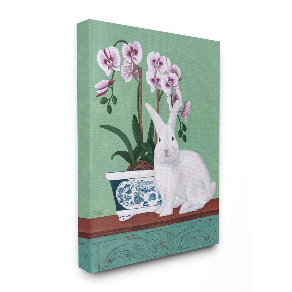 Stupell Industries Rabbit and Flowers Pink Green Animal Painting, Design by Sally B Wall Art, 24 x 30, Canvas