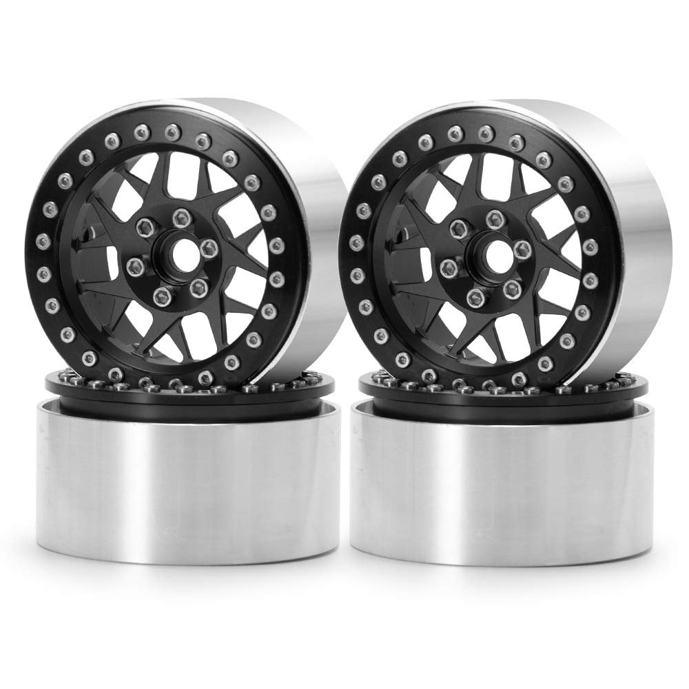 4PCS 2.2" RC Aluminum Beadlock Wheels w/Hubs for 1/10 RC Axial Wraith RR10 YETI SCX10 D90 TRX4 CC01 (BLACK)