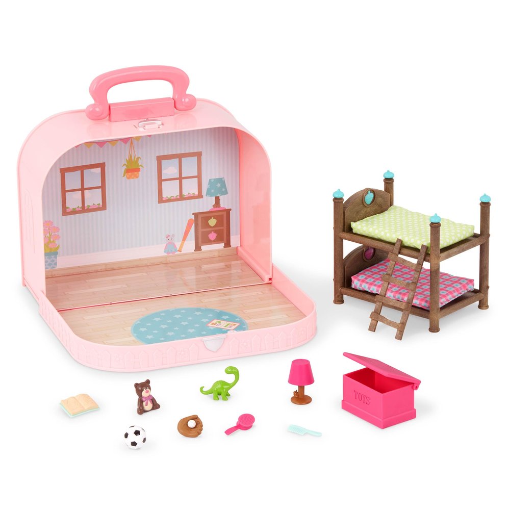 Lil Woodzeez Bunk Beds Playset Travel Toy Compact Travel Suitcase Dollhouse Furnitures & Accessories Included Pretend Play for 3+ Years