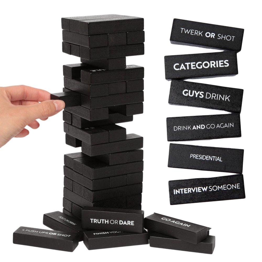 Buzzed Blocks Adult Drinking Game - 54 Blocks with Hilarious Drinking Commands on 40 of Them | Perfect Party Starter | Entertaining Party Game for Adults | Novelty Funny Gift (Black)