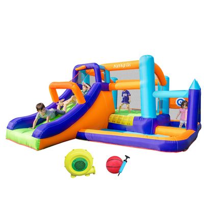 AirMyFun Bounce House Inflatable Bouncer with Long Curved Slide for Kids with Blower, Family Backyard Bouncy Castle with Fun Doorway Tunnel, Climbing Wall and Ball Shooting (High End)