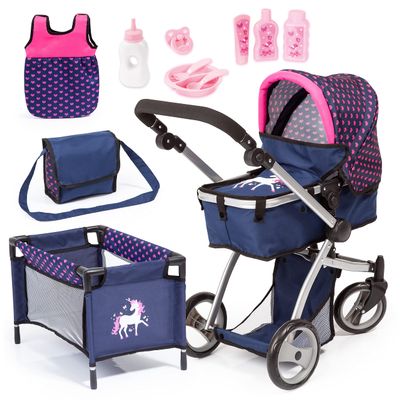 Bayer Dolls: Pram Mega Set, Easily Adaptable to Your Child's Height, Pram is Suitable for Dolls up to 18", Sleeping Bag & Travel Bag Suitable for Dolls Up to 16"