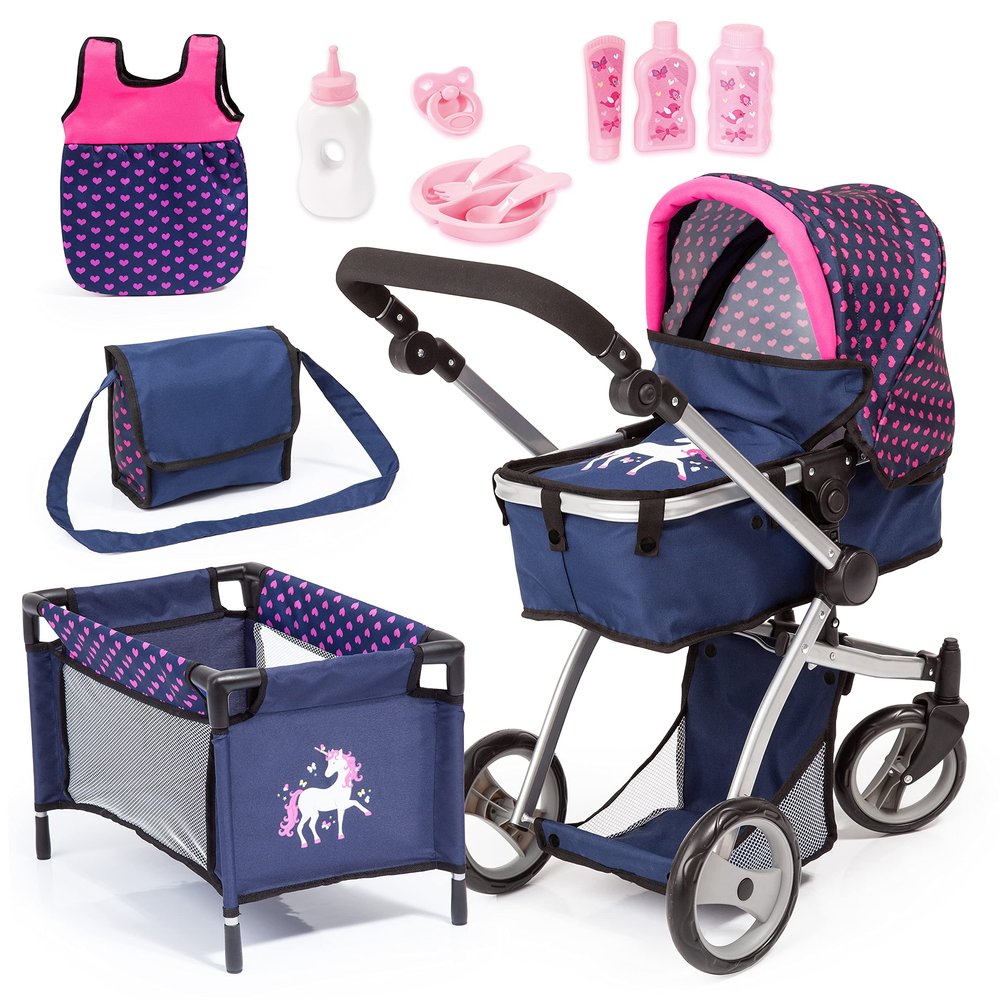 Bayer Dolls: Pram Mega Set, Easily Adaptable to Your Child's Height, Pram is Suitable for Dolls up to 18", Sleeping Bag & Travel Bag Suitable for Dolls Up to 16"