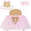 1st Birthday Girl Decoration High Chair Tutu Skirt WITH No.1 Crown -1st Birthday Decorations Cake Smash for Baby Girls - First Birthday Banner, Princess Crown and 'ONE' Cake Topper in Baby Pink n Gold view 1
