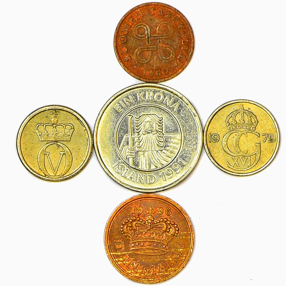 5 Scandinavian Coins from Denmark, Norway, Sweden, Finland, Iceland Nordic Coins