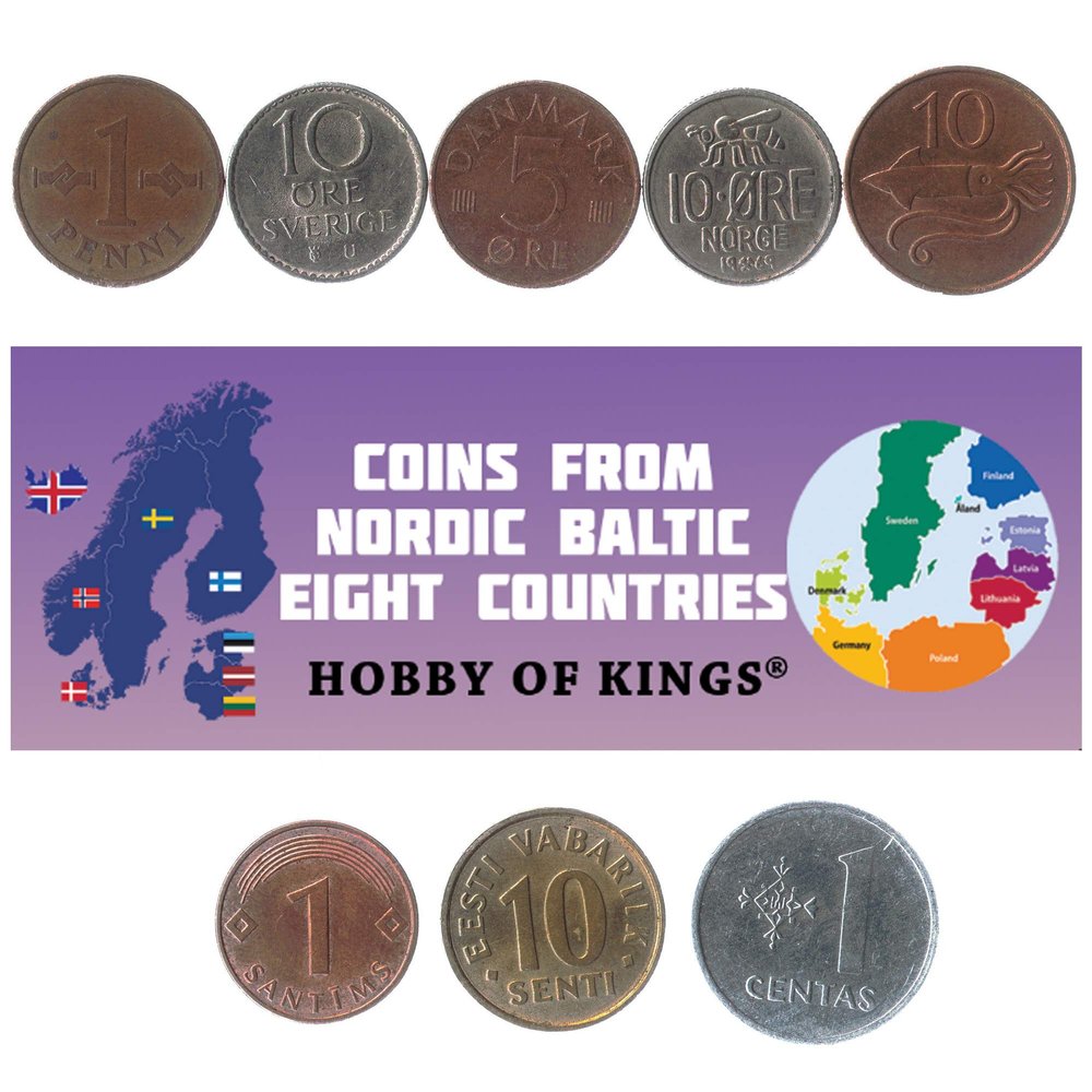 8 Nordic-Baltic Eight NB8 Coins. Collectible Coins from Scandinavia and Baltic