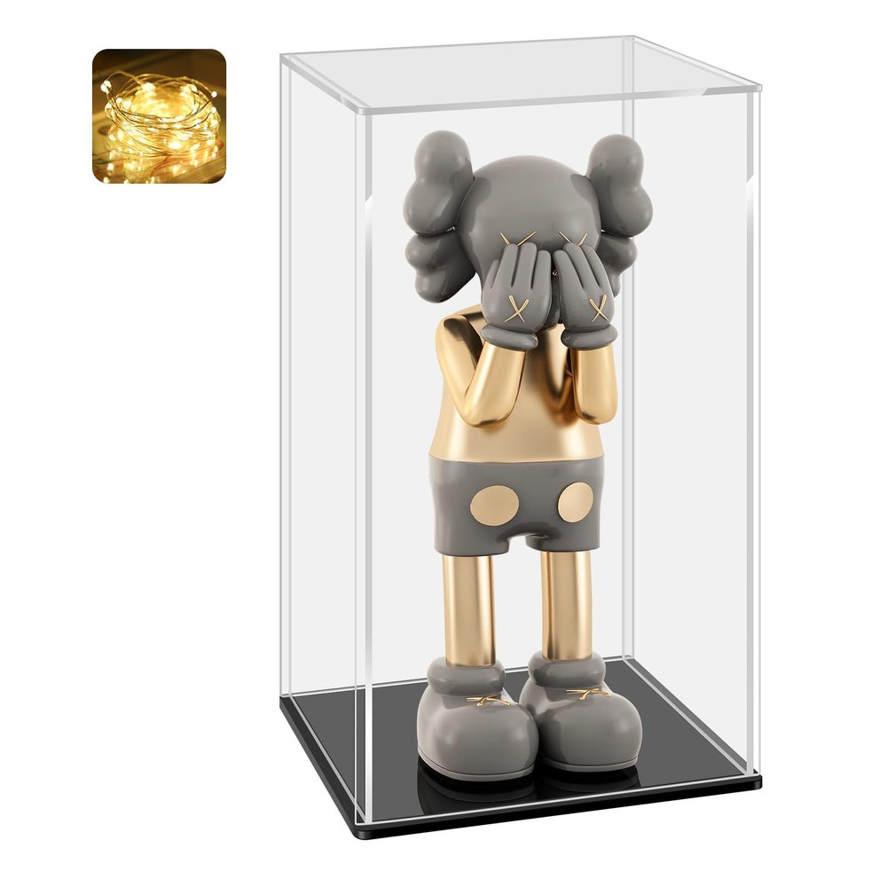LANSCOERY Acrylic Display Case, Assemble Showcase Display Box for Collectibles, with Dustproof & Seamless Display Design, 9.4x9.4x15.7inch Thick Black Base