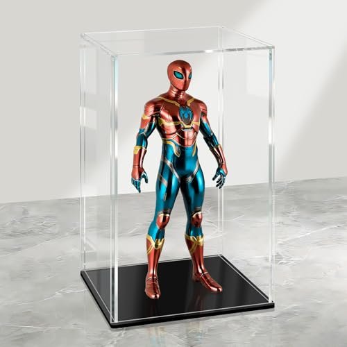 LANSCOERY Acrylic Display Case, Assemble Small Showcase Display Box for Collectibles, with Dustproof & Seamless Display Design 4.7x4.7x7inch Black Base