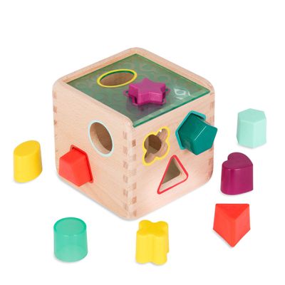 B. toys Wonder Cube Developmental Toy Wooden Shape Sorter Cube 9 Colorful Shapes Educational Wooden Toy for Toddlers, Kids 18+ Months