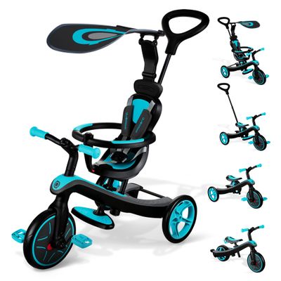 Globber 4-in-1 Toddler Trike Push Bike Stroller Learning Tricycle for Toddlers Converts Into Balance Bike Safe Outdoor Ride On Toys for Kids (Teal)