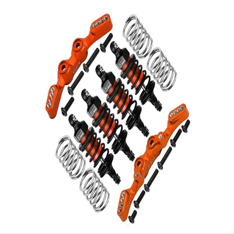 Aluminum Front & Rear Shock Towers + Front (53mm) + Rear (50mm) Oil Filled Dampers For 1/10 Traxxas Ford GT 4-Tec 2.0 83056-4/4-Tec 3.0 93054-4 - 28Pc Set Orange