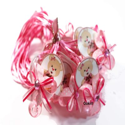 12 Teddy Bear Design Blue Pink Boy Girl Acrylic Pacifier Ribbon Necklaces Baby Shower Game Favors Prize Decorations (Pink)