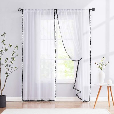 Treatmentex Black and White Sheer Curtains for Living Room 95" Long Linen Curtain Draperies for Nursery Room Decorative Pompom Voiles 2 Panels