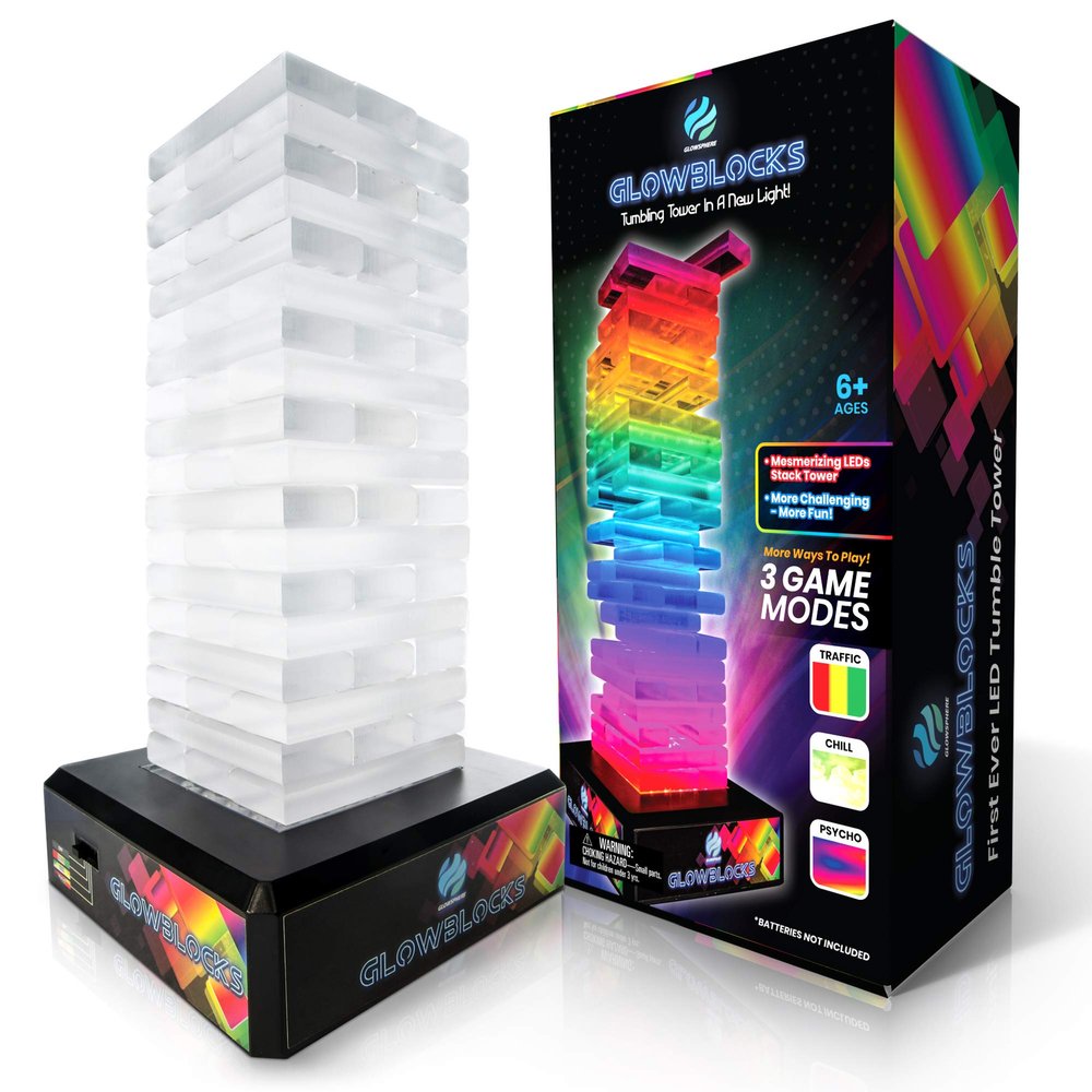 Glowsphere Glowblocks Light-Up Tumbling Tower Game, First Ever LED Building Blocks Stacking Game, Indoor Board Game for Kids and Adults for Family Game Night