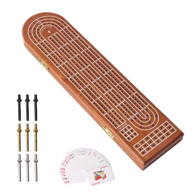 GSE Games & Sports Expert 3-Track Wooden Cribbage Board Game with Playing Cards, Metal Pegs and Storage Area, Classic Three-Person Cribbage Board Game