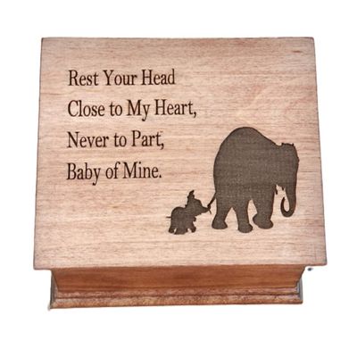 Custom engraved musical jewelry box with Baby of Mine quote and a momma and baby elephants image, choose your color and song, and a personalized message to the back side