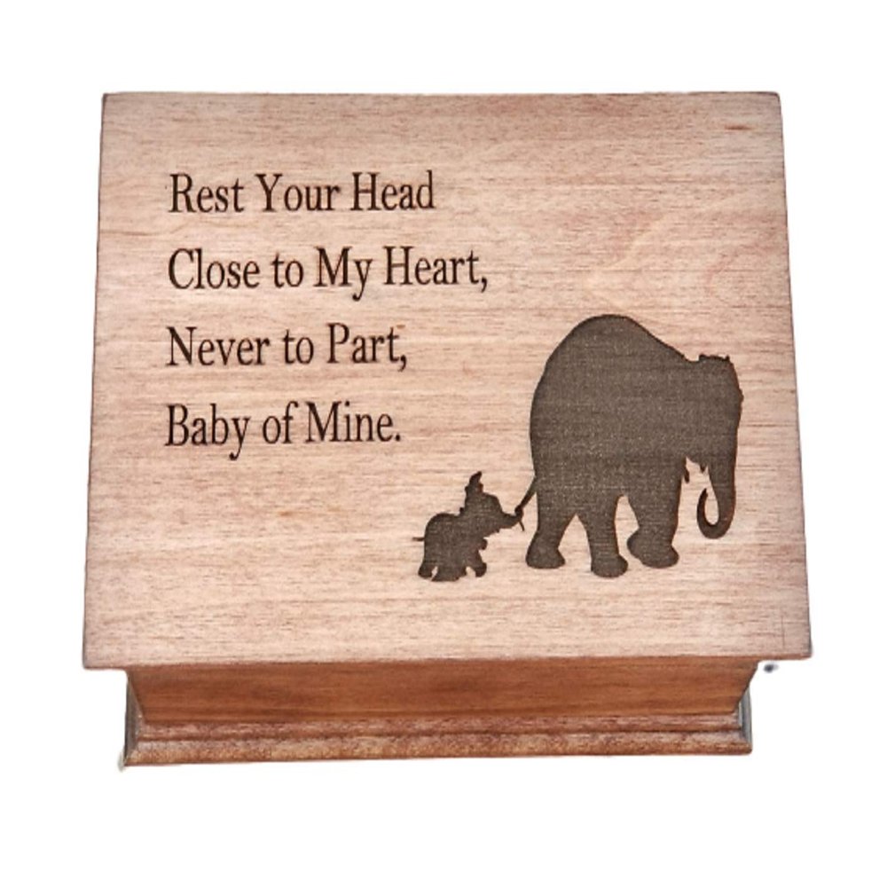 Custom engraved musical jewelry box with Baby of Mine quote and a momma and baby elephants image, choose your color and song, and a personalized message to the back side