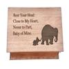 Custom engraved musical jewelry box with Baby of Mine quote and a momma and baby elephants image, choose your color and song, and a personalized message to the back side view 1