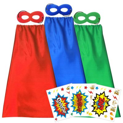 ADJOY Superhero Capes and Masks for Kids with Decorative Stickers - Superhero Birthday Party Dress Up Costume - Red Green Blue Capes 3 Sets