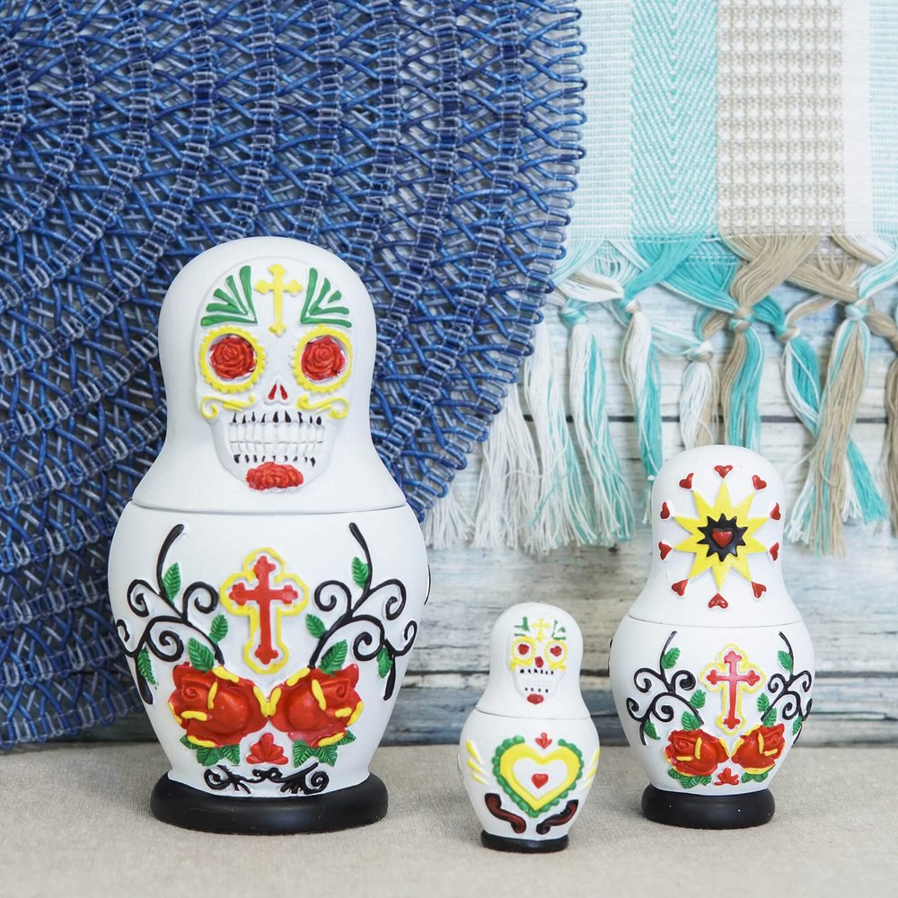 Ebros 3 Piece Set Day of The Dead Sugar Skulls Spirit Skeletons Nesting Dolls Matroyshka Babushka Figurines 6" Tall Ossuary Macabre Halloween Accent (White)