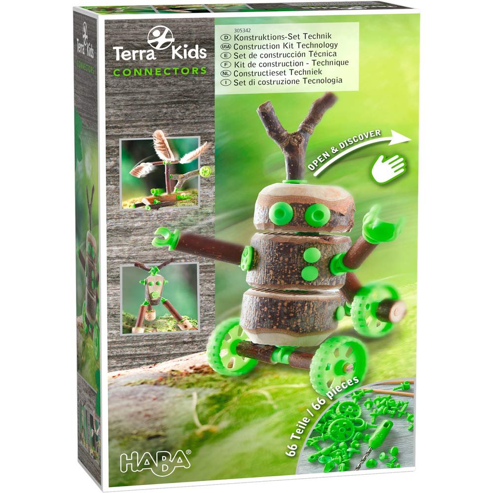 HABA Terra Kids Connectors Backyard Craft Kit Technology - 66 Piece Set with Plastic Connectors, Cork & Hand Drill - Add Wood from Nature - Ages 8+
