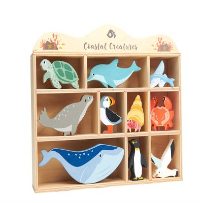 Tender Leaf Toys Coastal Creatures 8 Wooden Ocean Animal Figurines with a Display Shelf - Classic Toy for Pretend Play Develops Creative & Imaginative Skills Learning Role Play Ages 3+ Years