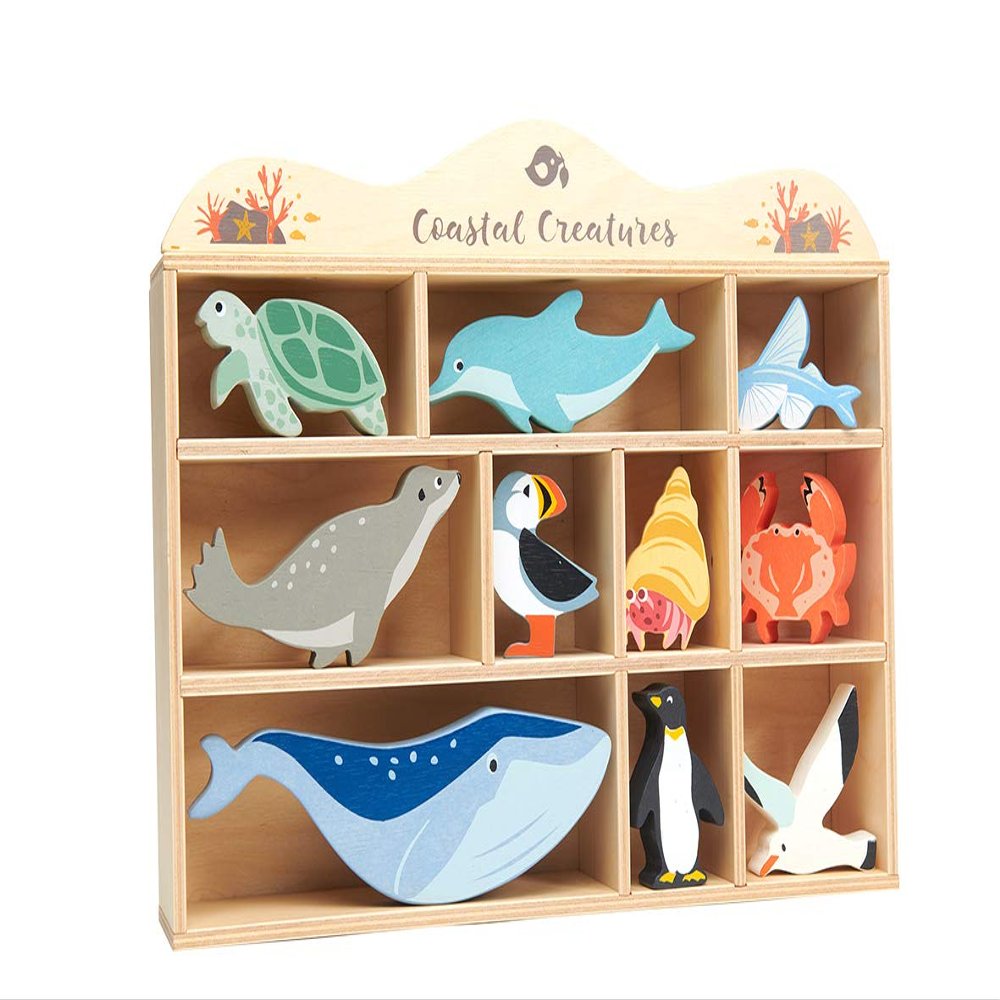 Tender Leaf Toys Coastal Creatures  8 Wooden Ocean Animal Figurines with a Display Shelf - Classic Toy for Pretend Play  Develops Creative & Imaginative Skills  Learning Role Play  Ages 3+ Years