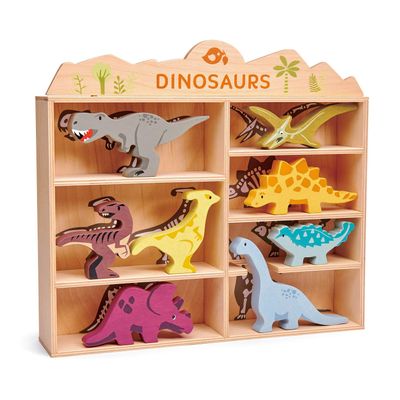 Tender Leaf Toys Dinosaur Animals 8 Wooden Prehistoric Figurines with a Display Shelf - Classic Toy for Pretend Play Develops Creative & Imaginative Skills Learning Role Play Ages 3+ Years