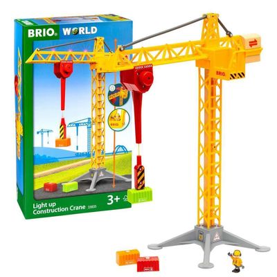 BRIO 33835 Construction Crane with Lights | Premium Wooden Toy Train Set | Ideal for Kids Age 3 and Up | Built with Sustainable Materials | Yellow