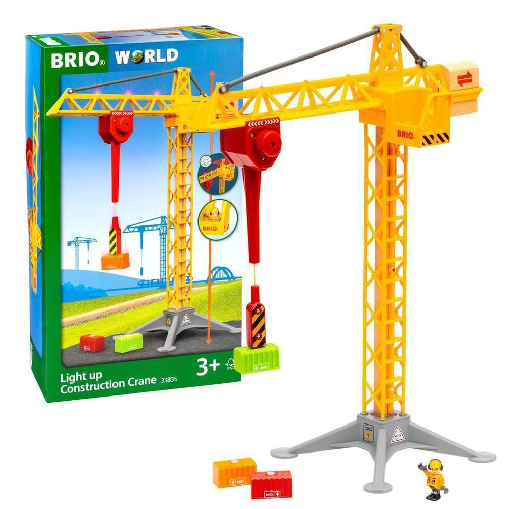 BRIO 33835 Construction Crane with Lights | Premium Wooden Toy Train Set | Ideal for Kids Age 3 and Up | Built with Sustainable Materials | Yellow