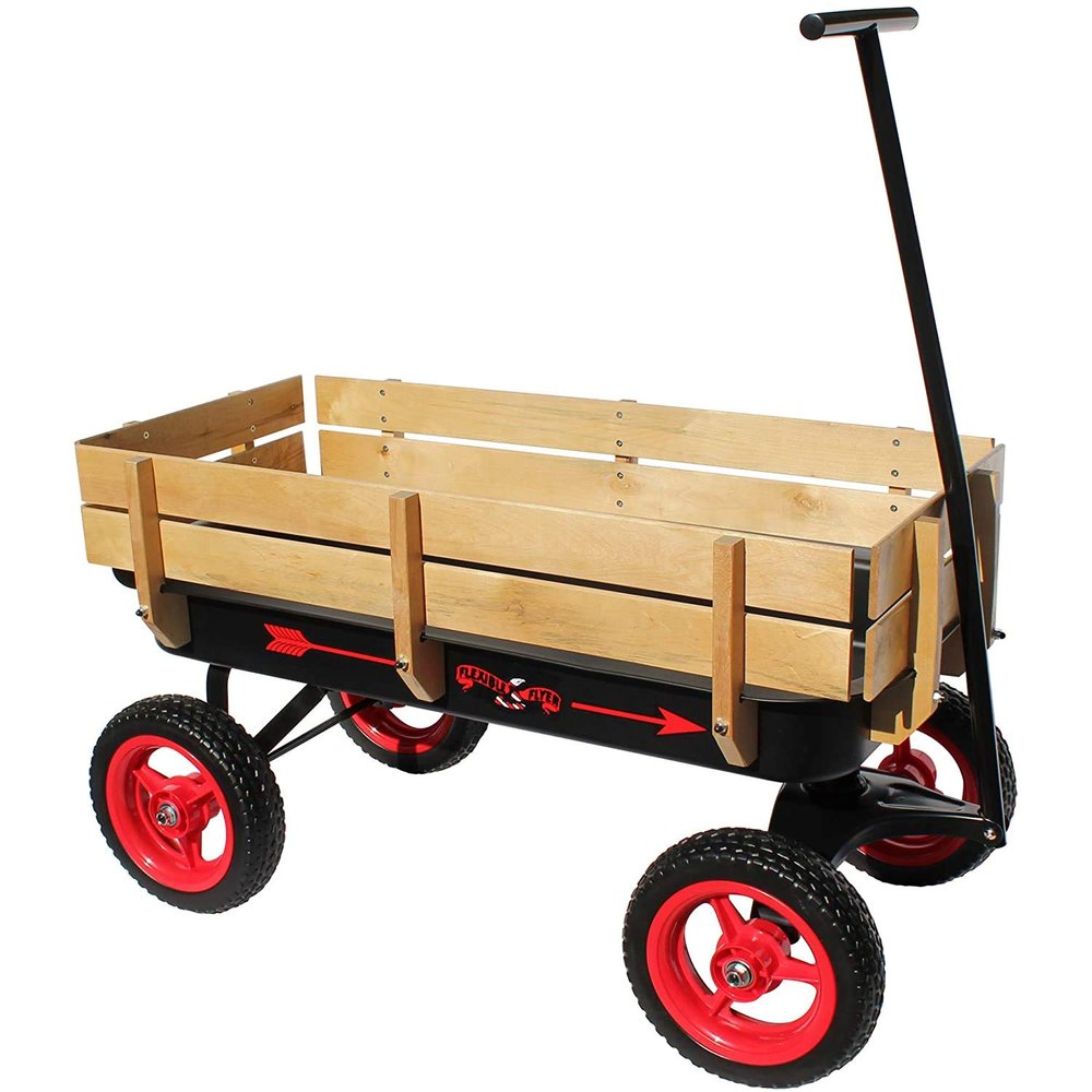 Flexible Flyer All-Terrain Wagon for Kids with Steel Bed & Wood Sides, Extra-Long Pull Handle for Adults, Heavy Duty Toy, Garden & Beach Baby Wagon, Black & Red