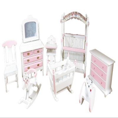Dolls House Pink & White Nursery Furniture Set 8 Piece Miniature with Canopy Cot