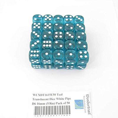 Teal Translucent Dice with White Pips D6 16mm (5/8in) Pack of 50 Wondertrail