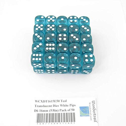 Teal Translucent Dice with White Pips D6 16mm (5/8in) Pack of 50 Wondertrail