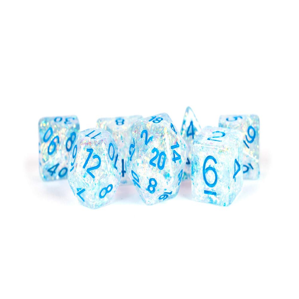 16mm Resin Flash Dice Poly Dice Set: Clear with Light Blue Numbers
