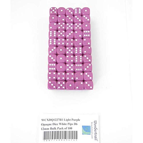 Light Purple Opaque Dice with White Pips D6 12mm (1/2in) Bulk Pack of 100 Wondertrail