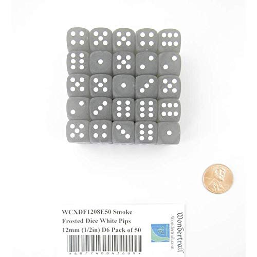 Smoke Frosted Dice with White Pips 12mm (1/2in) D6 Pack of 50 Wondertrail