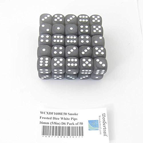 Smoke Frosted Dice with White Pips 16mm (5/8in) D6 Pack of 50 Wondertrail