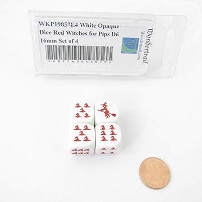 White Opaque Dice with Red Witch Hats for Pips D6 16mm (5/8 inch) Set of 4 Wondertrail