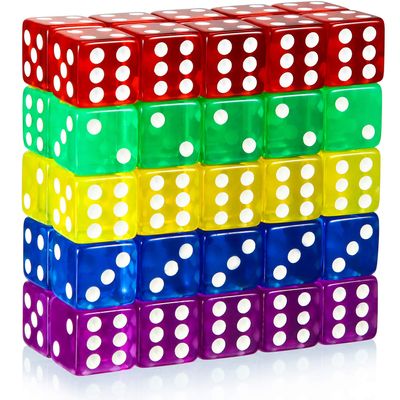 [50 Pieces] 6-Sided Games Dice Set, Colored Dice with Black Velvet Pouches for Games, Like Board Pastime, Math Contest, Party Favors(Purple, Blue, Green, Red, Yellow, Transparent Square Edge)